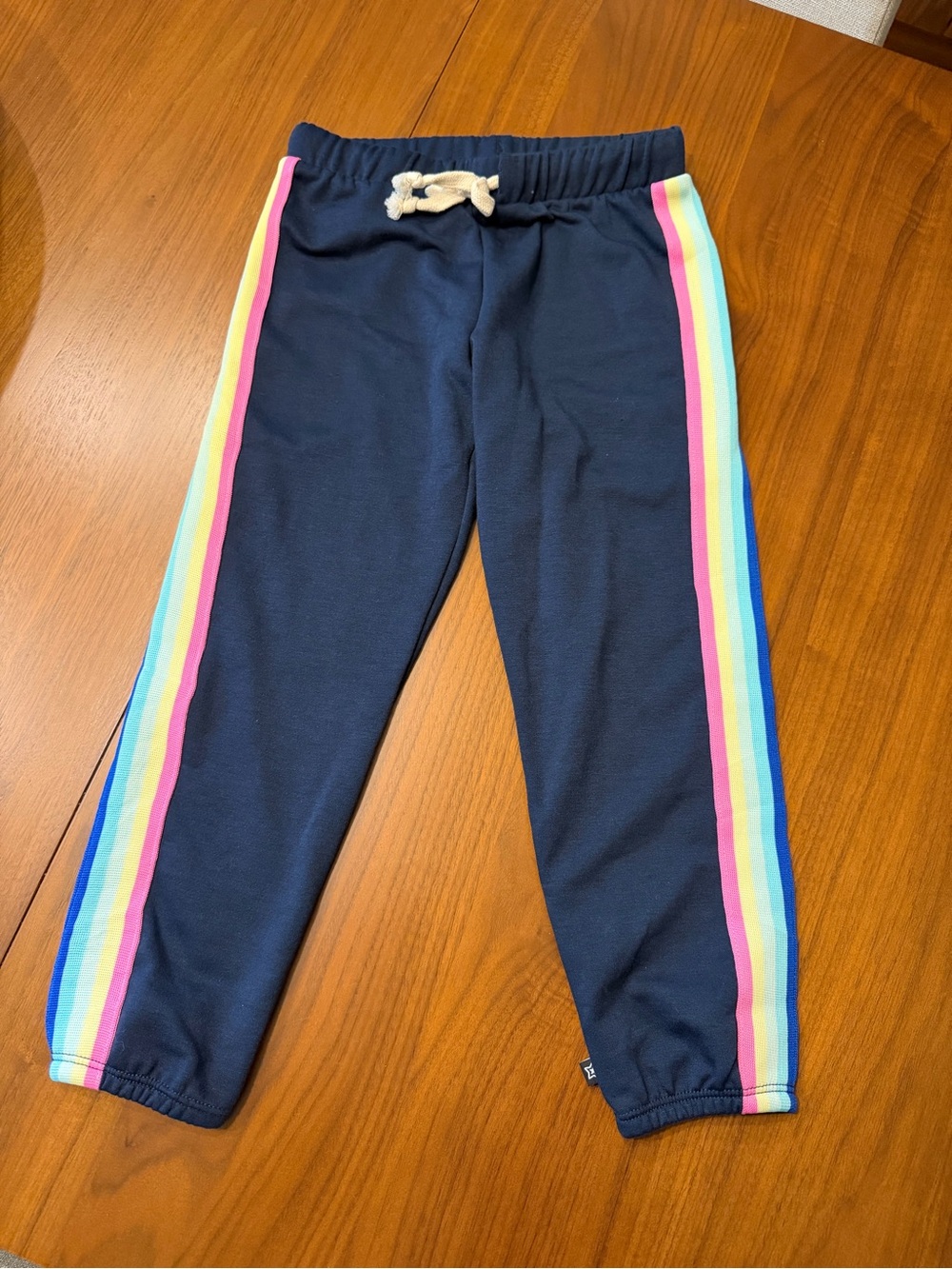 Girls' Navy Joggers with Rainbow Side Stripes